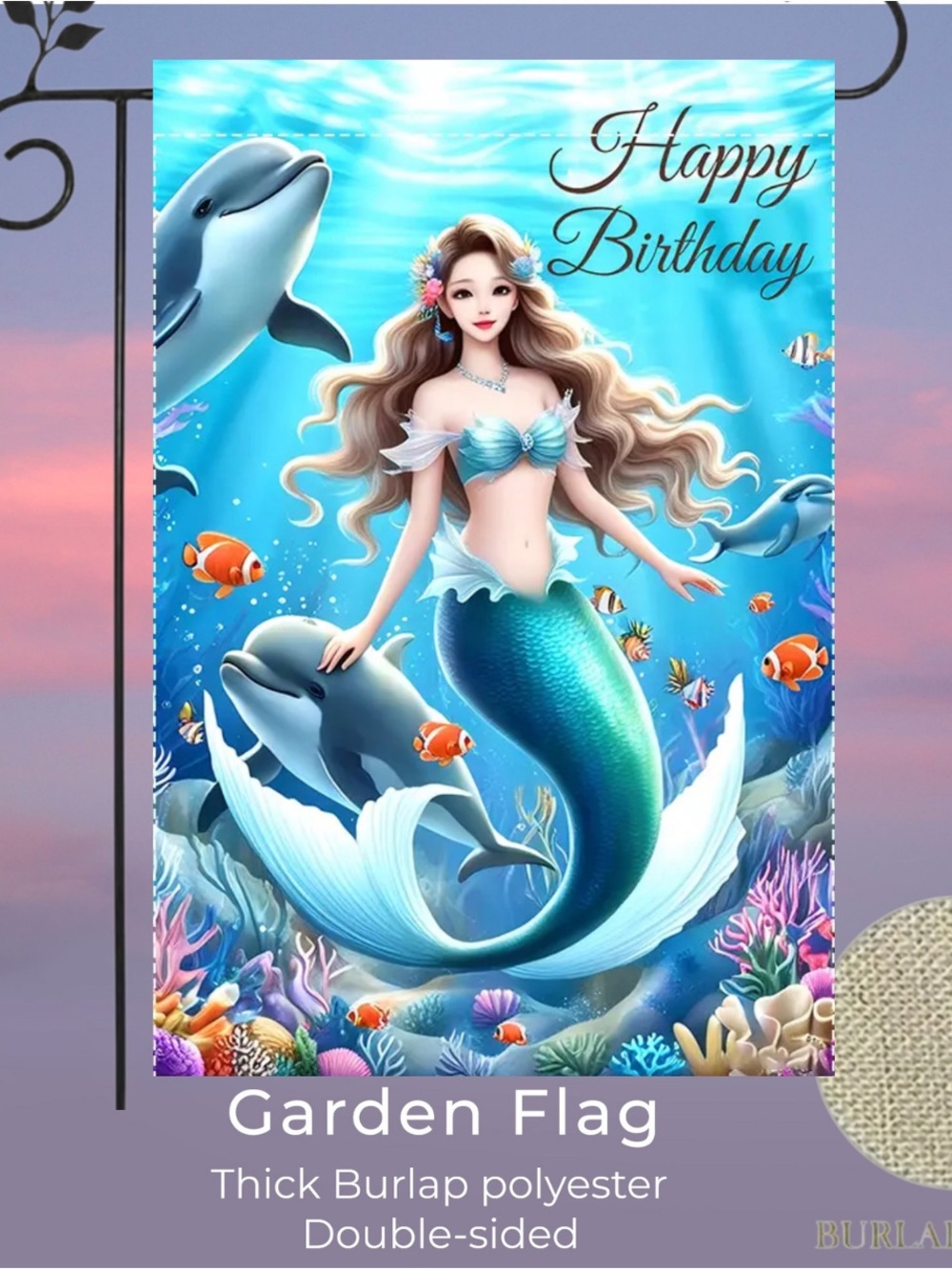 Garden Flag, Happy Birthday Mermaid, Burlap, Double-sided, approx 12”x18”